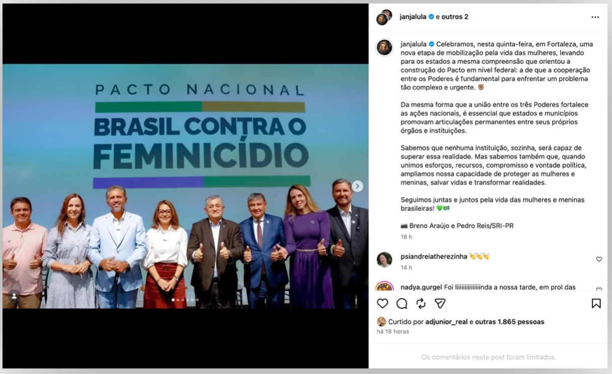 Janja lança Pacto Brasil contra Feminicídio no CE e no RN