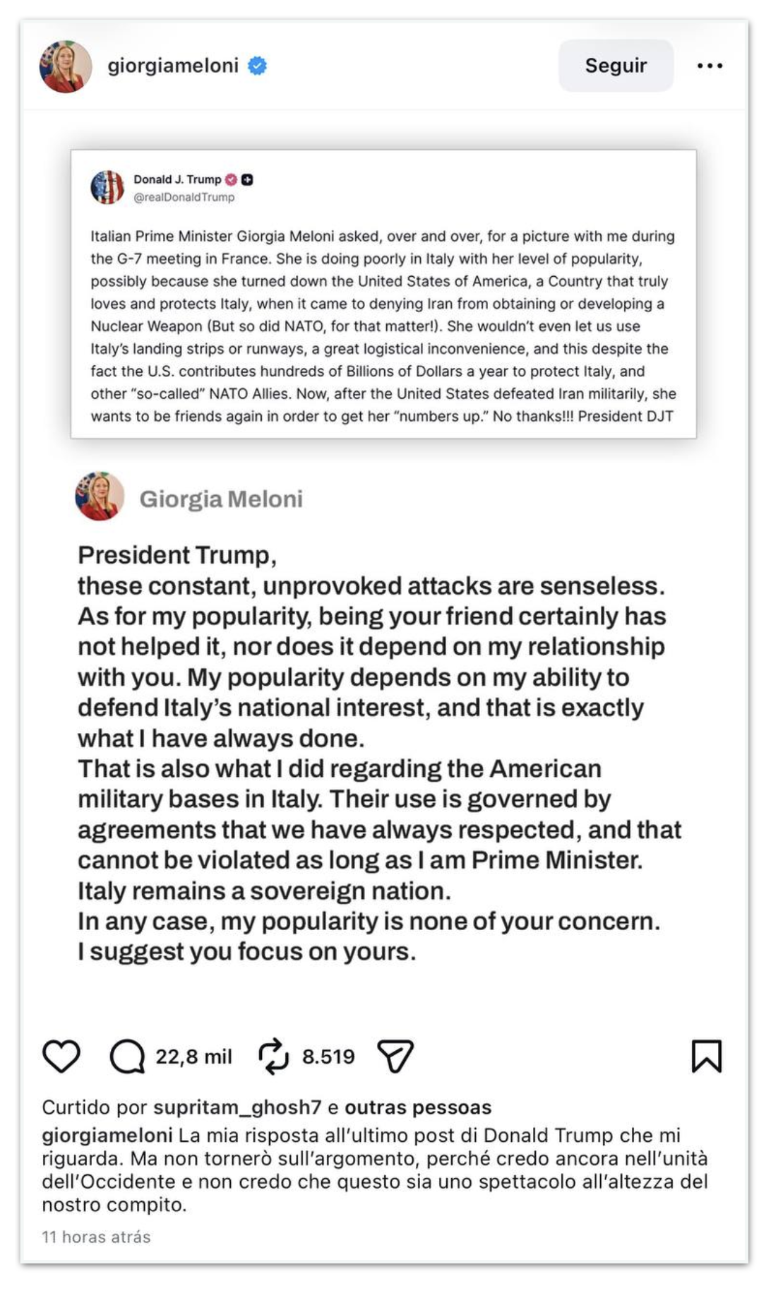 Meloni rebate Trump e manda presidente cuidar da popularidade