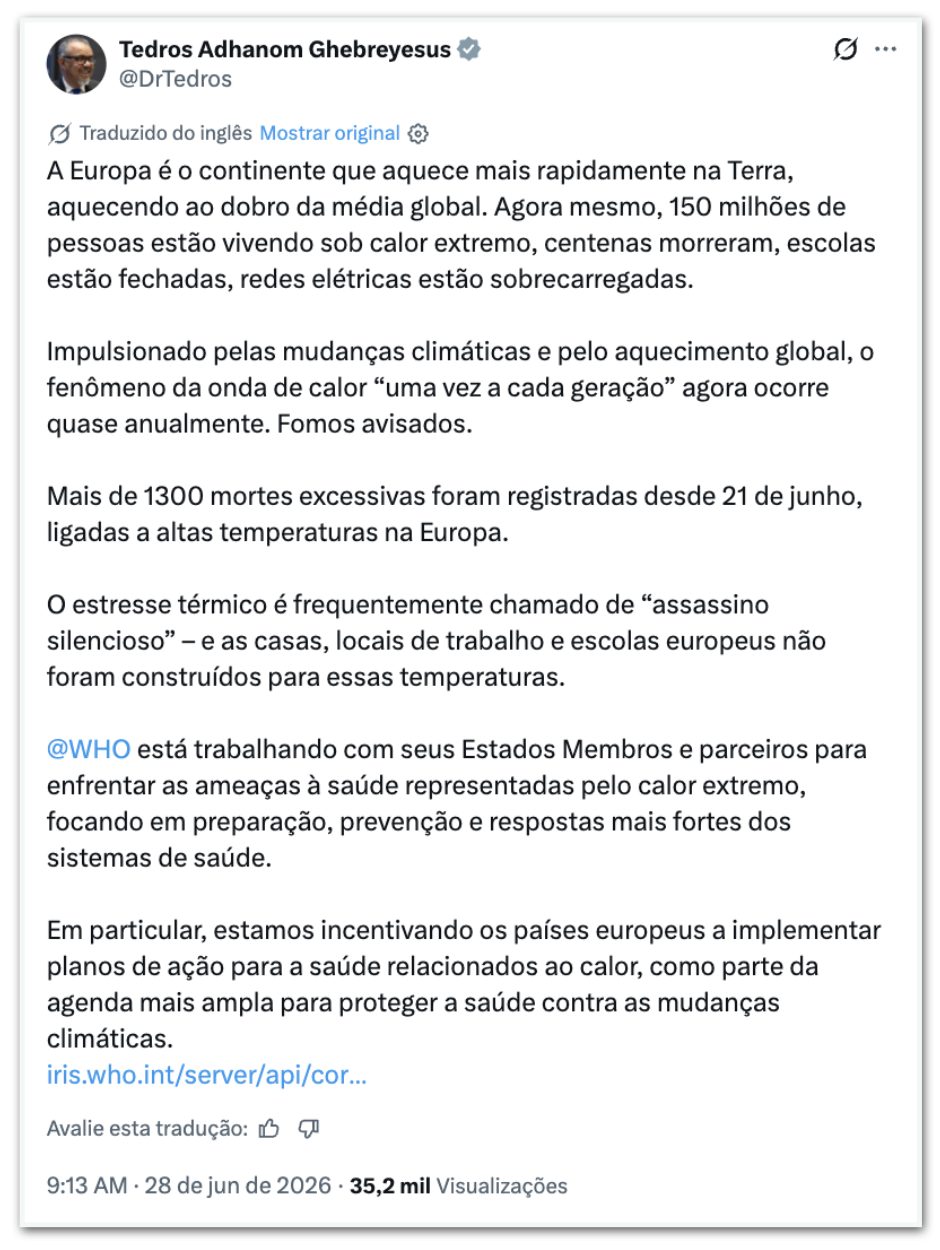 Mais de 1.300 mortes na Europa estão ligadas ao forte calor, diz OMS