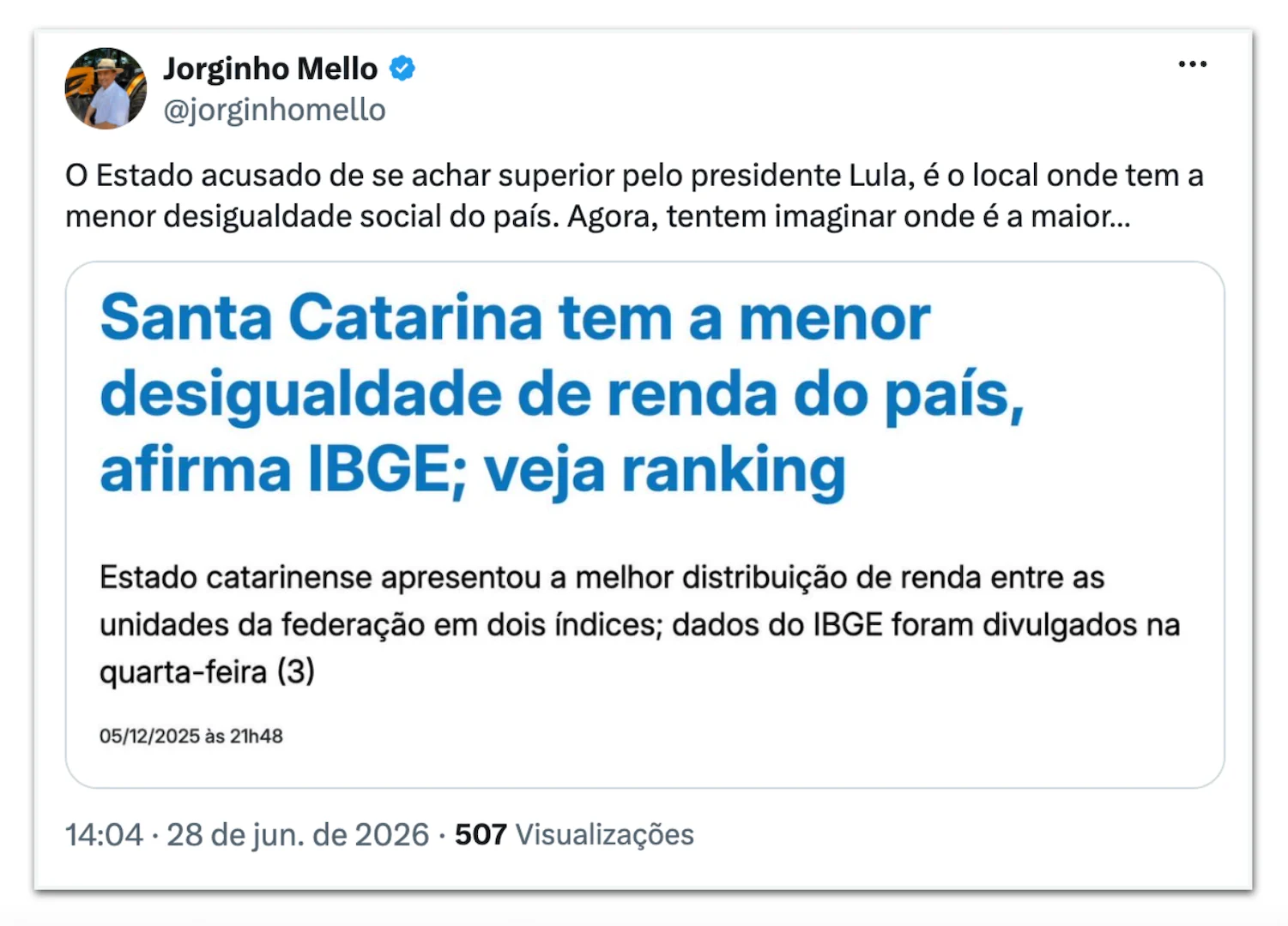 Jorginho Mello responde Lula sobre “senso de grandeza?