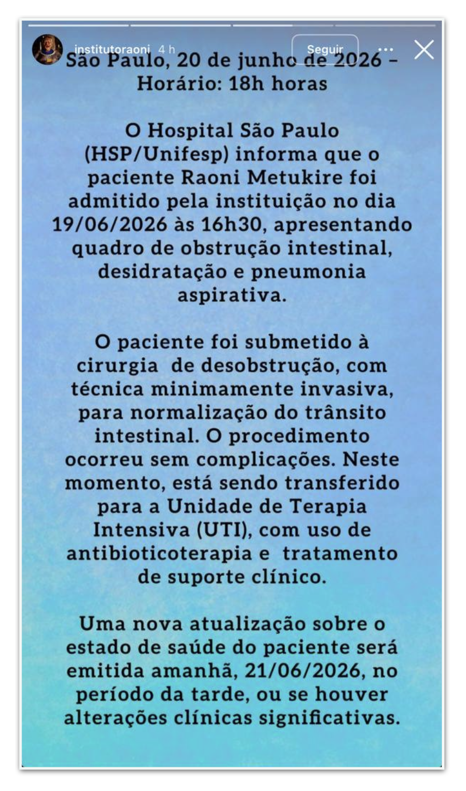 Cacique Raoni passa por cirurgia intestinal sem complicações