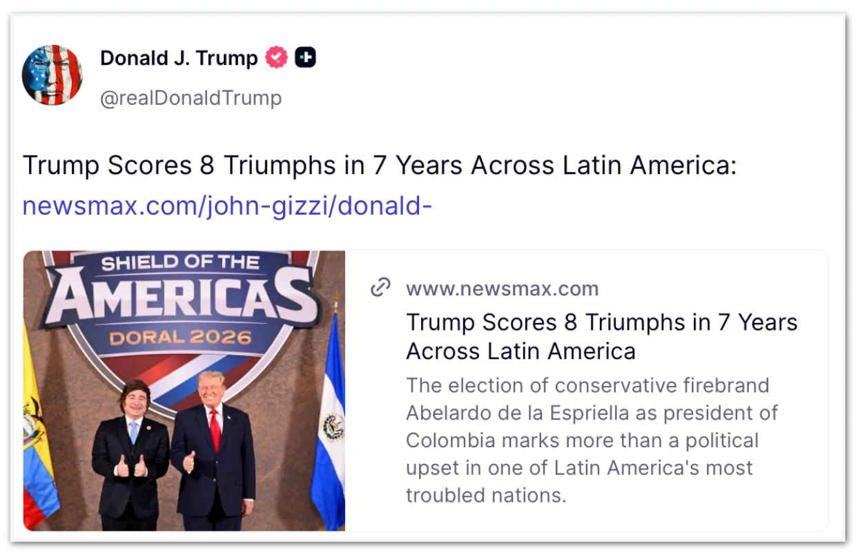Trump compartilha artigo sobre seus “triunfos?