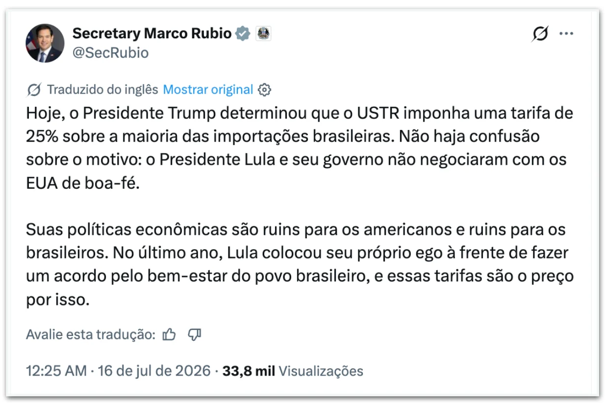 Lula colocou ego à frente do povo brasileiro, diz Rubio sobre tarifas