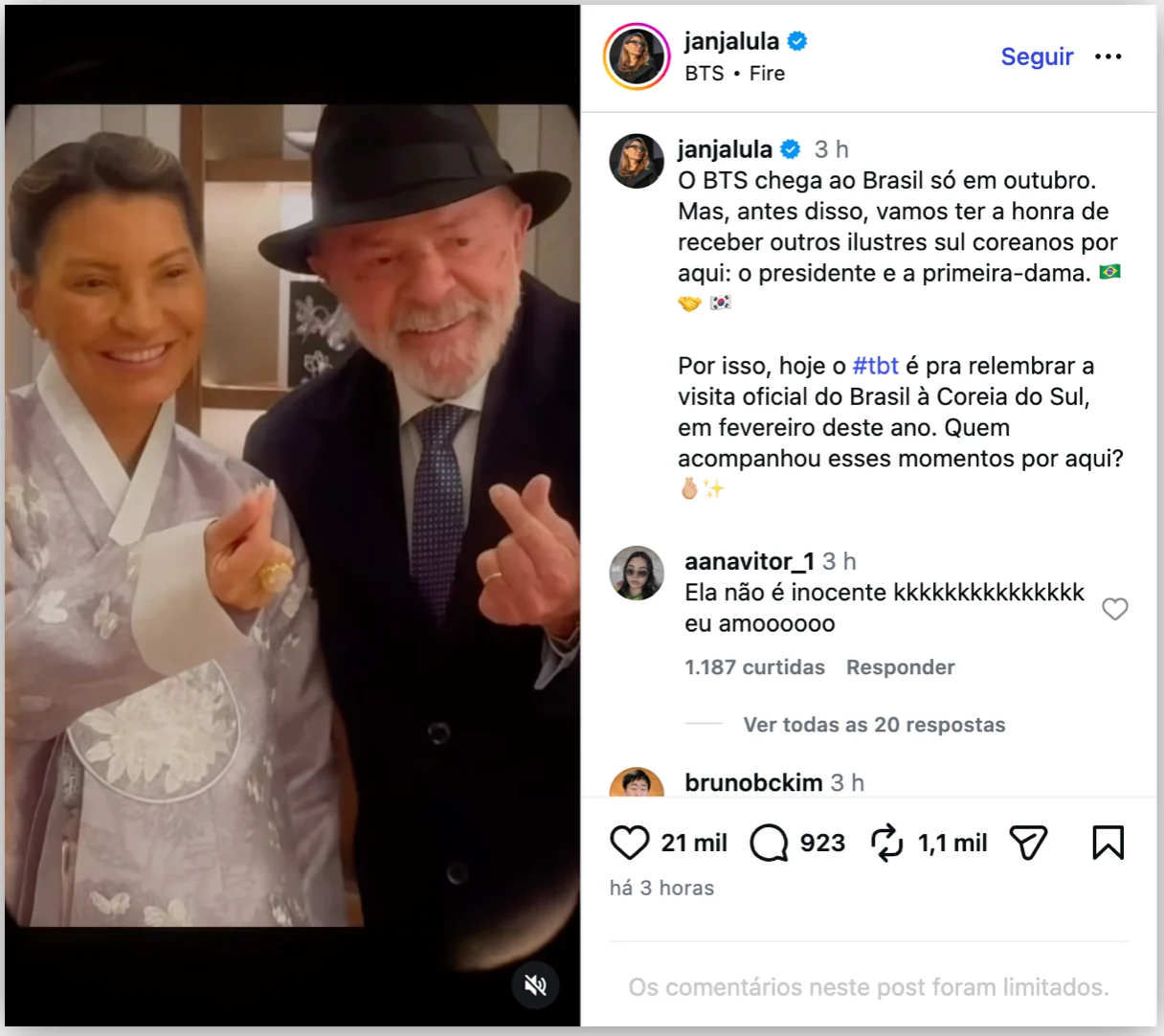 Janja usa BTS para anunciar visita de presidente sul