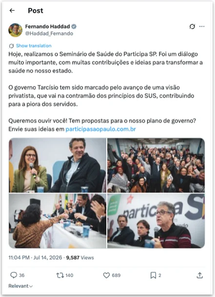 Haddad diz que governo Tarcísio “vai na contramão dos princípios do SUS”