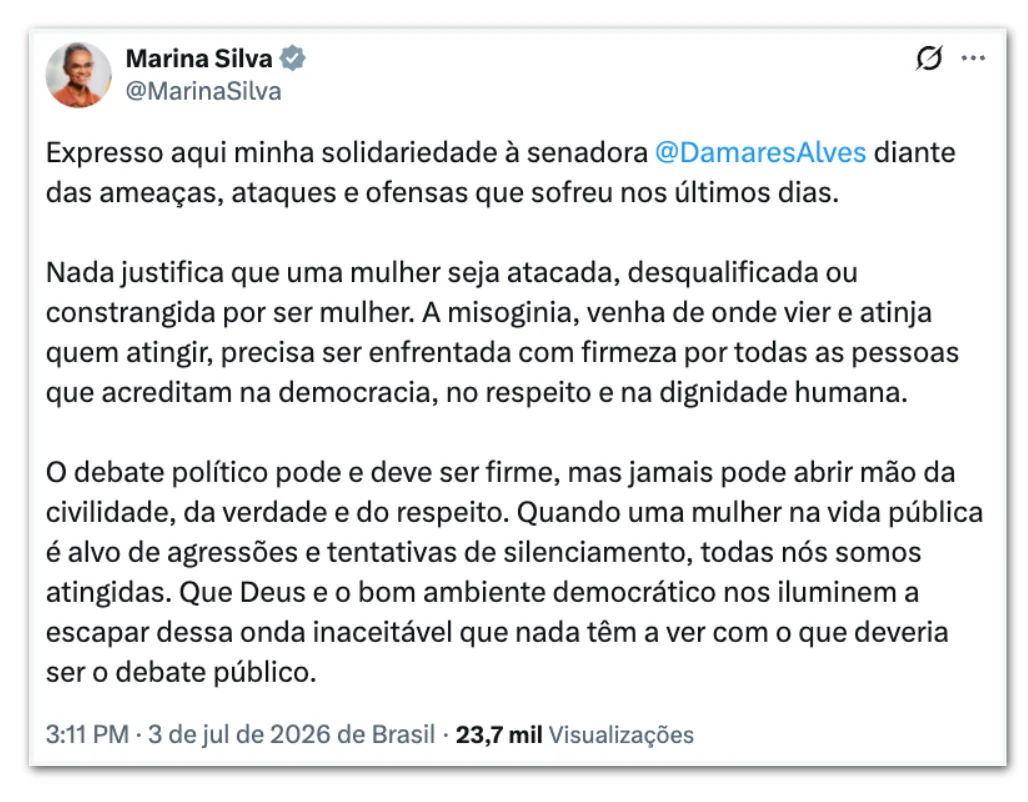 Marina Silva manifesta solidariedade a Damares por ameaças