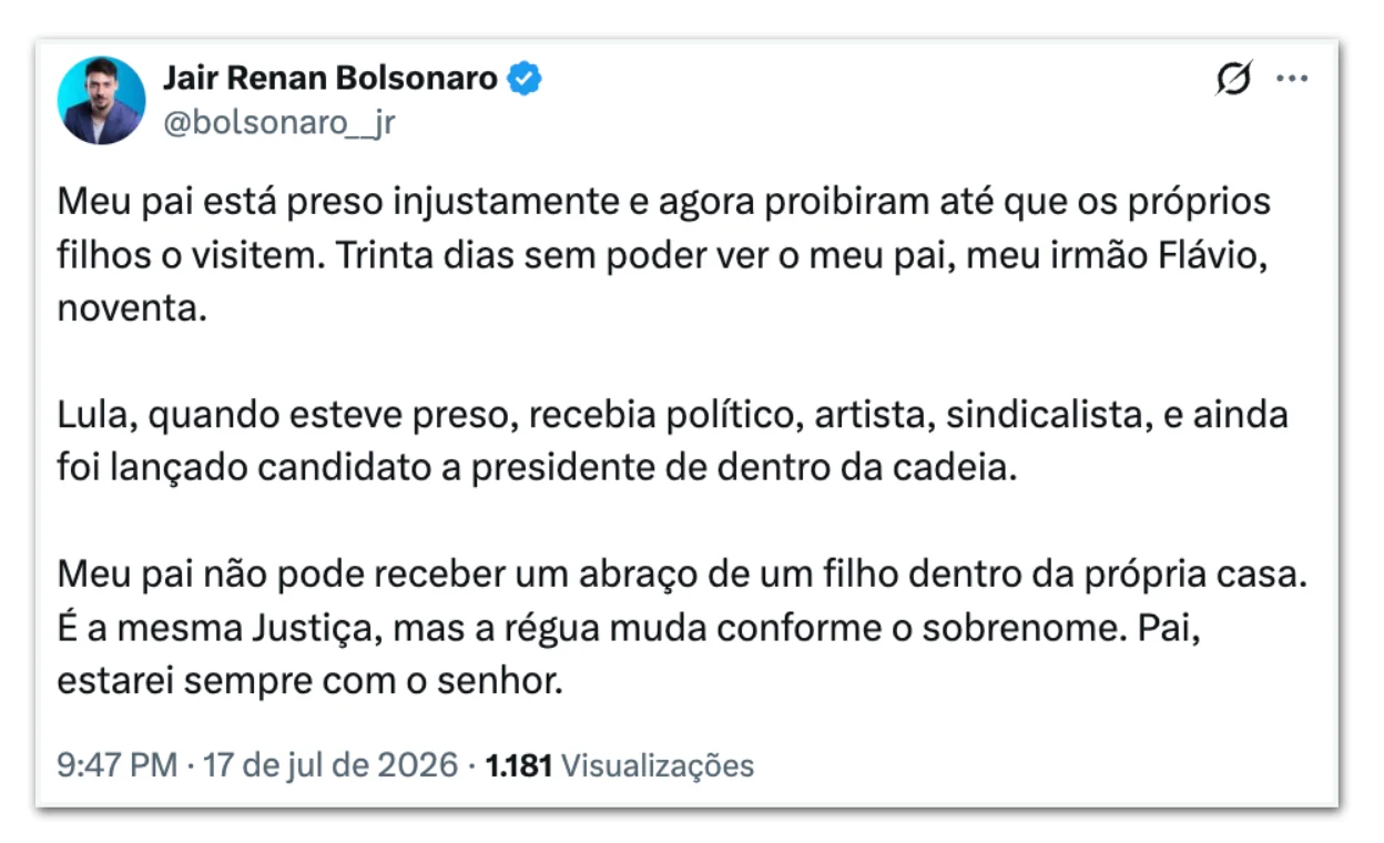 Filhos e aliados de Bolsonaro reagem à suspensão de visitas