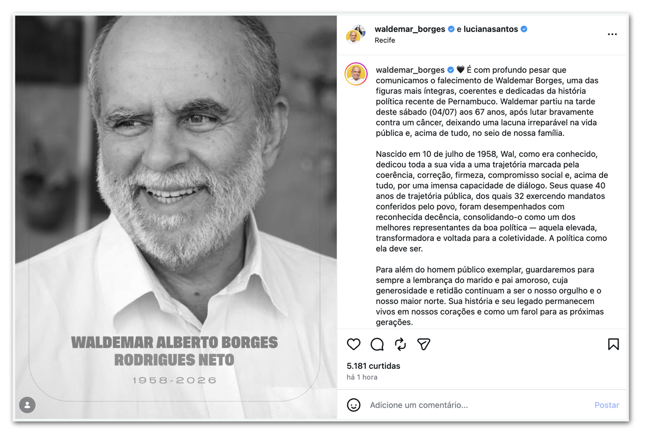 Morre Waldemar Borges, marido da ministra Luciana Santos