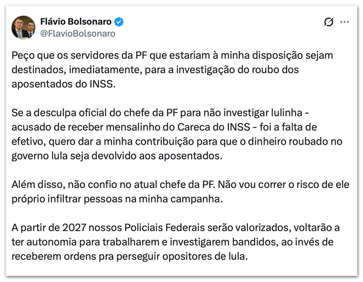 Flávio recusa proteção da PF e fala em risco de infiltração