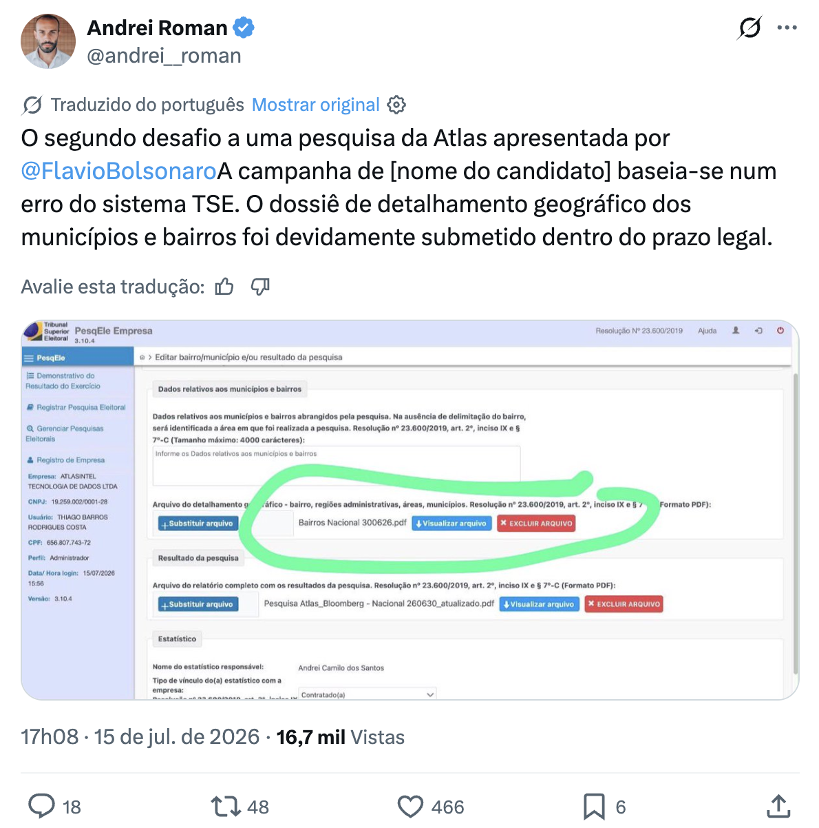 Flávio Bolsonaro aciona TSE contra pesquisa da AtlasIntel