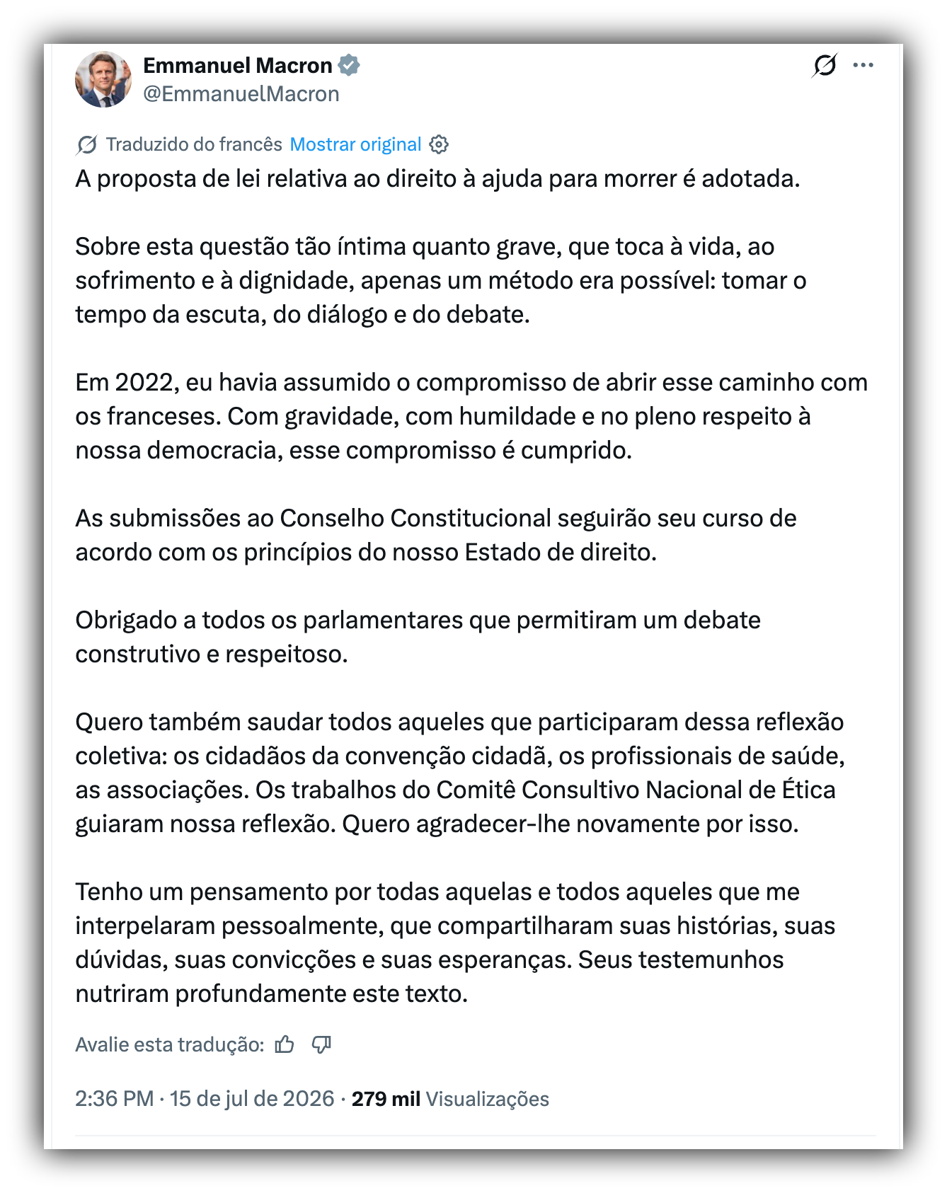 Parlamento francês aprova eutanásia e suicídio assistido