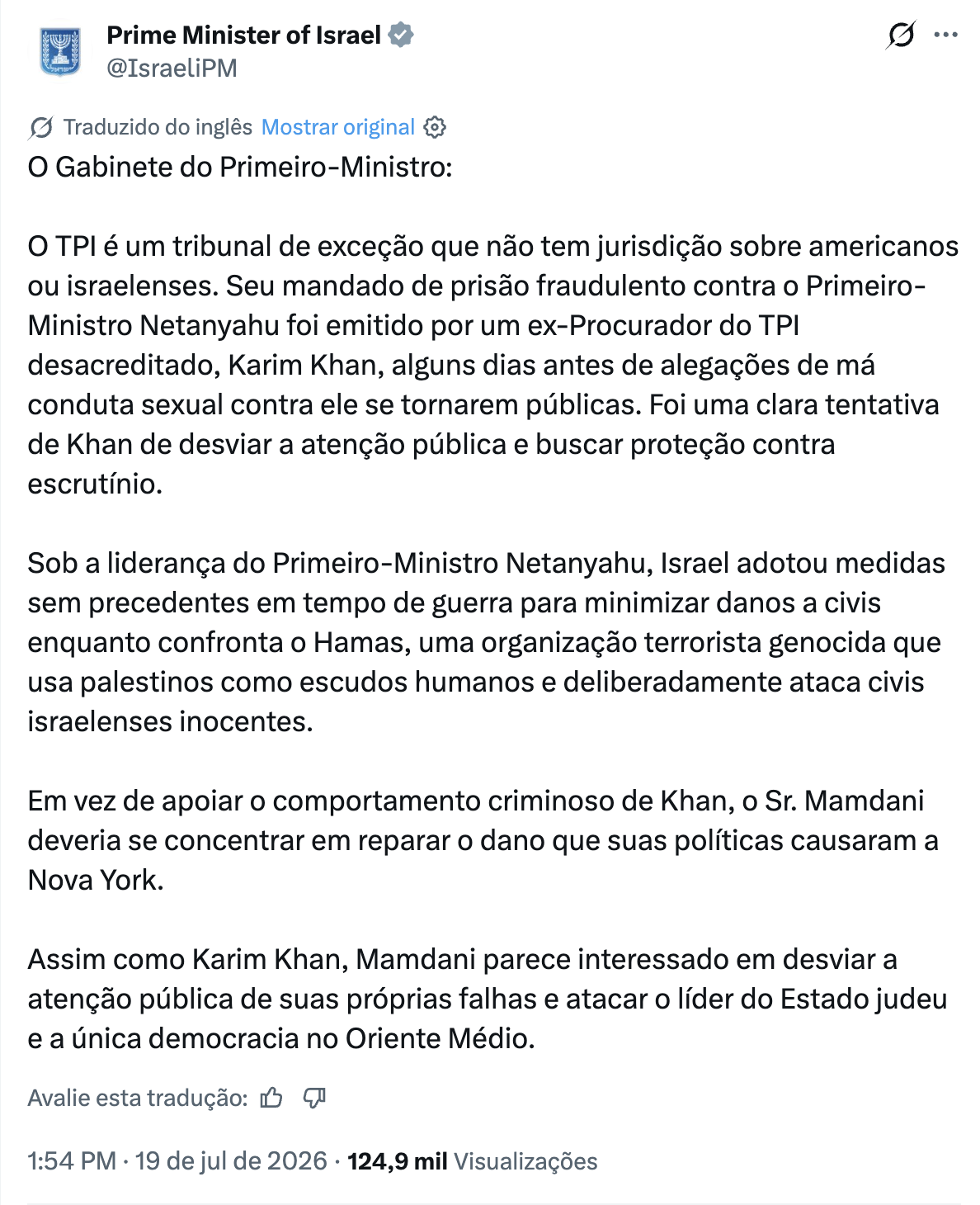 Netanyahu critica prefeito de Nova York após ameaça de prisão