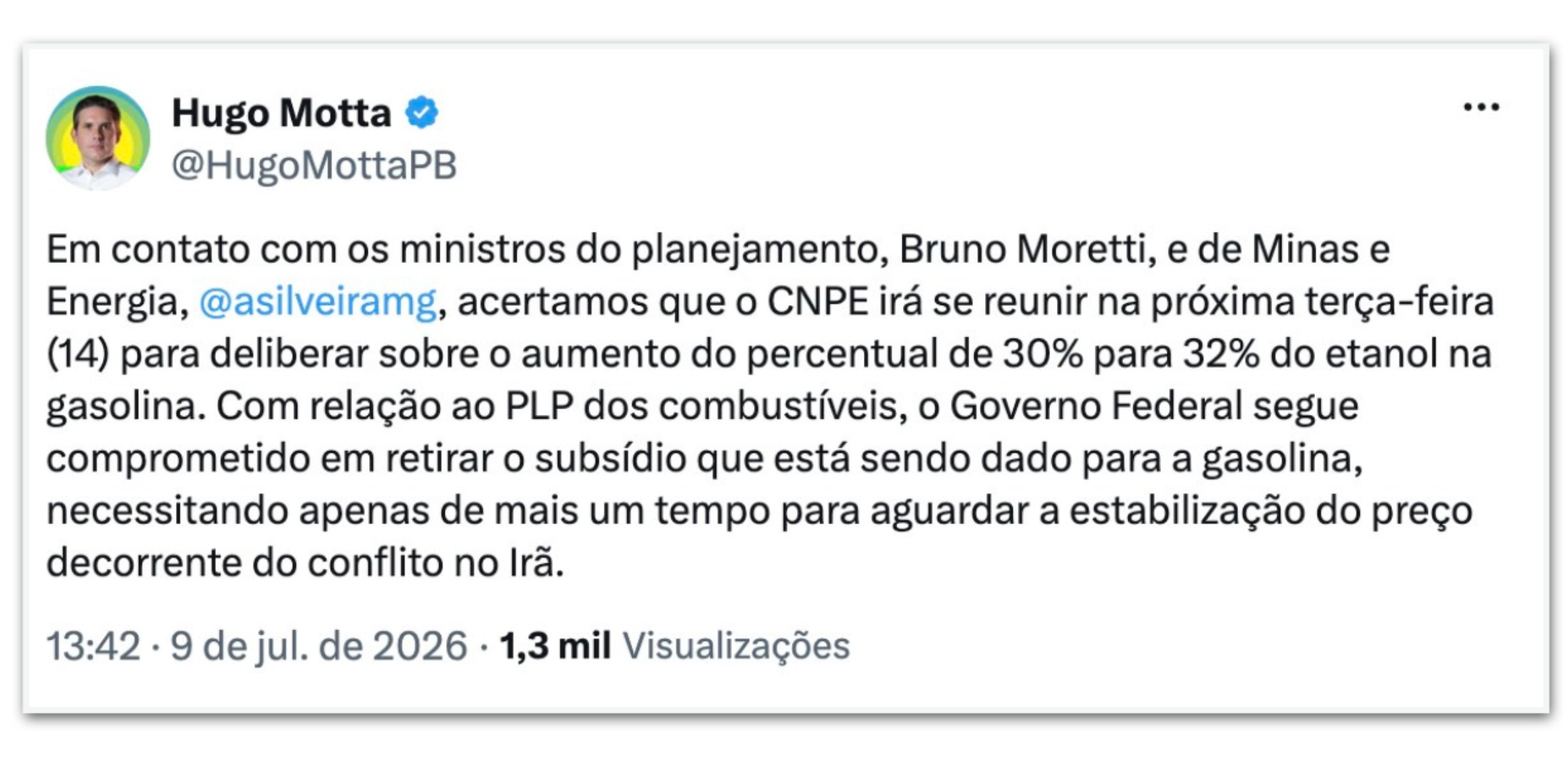 Motta anuncia nova data para reunião que eleva etanol na gasolina
