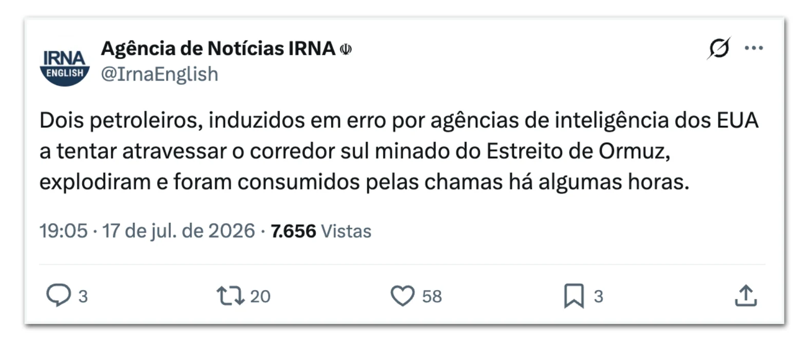 Irã diz que petroleiros explodiram no estreito de Ormuz; EUA negam
