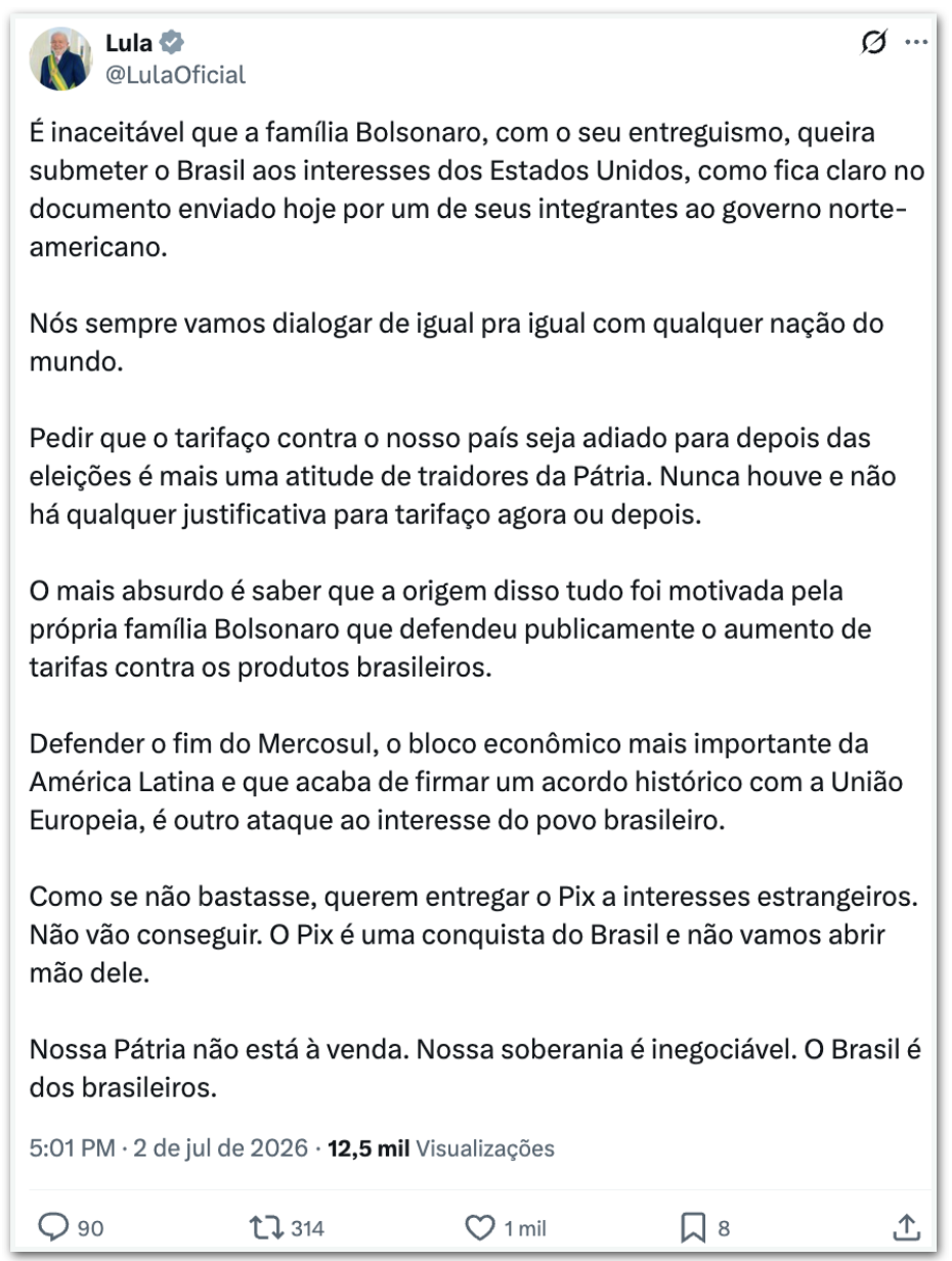 Lula critica família Bolsonaro por “entreguismo?