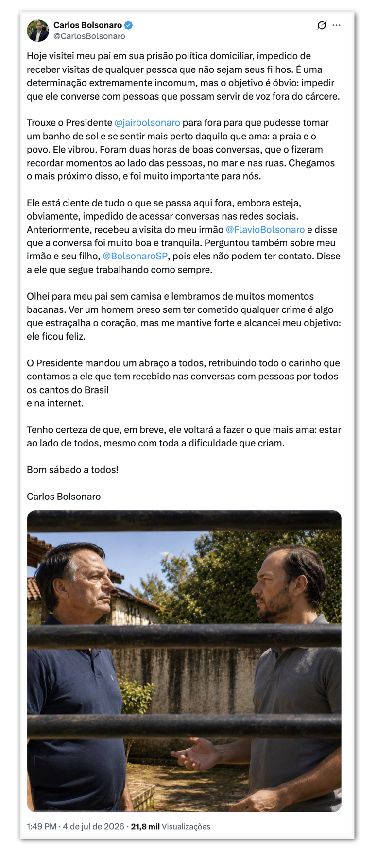 Carlos visita Bolsonaro e diz que o pai está “ciente de tudo”