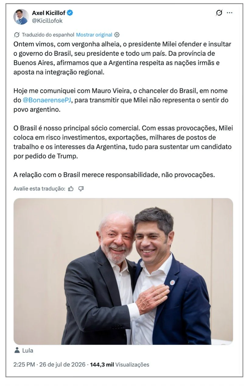 Governador de Buenos Aires posta foto com Lula e critica Milei