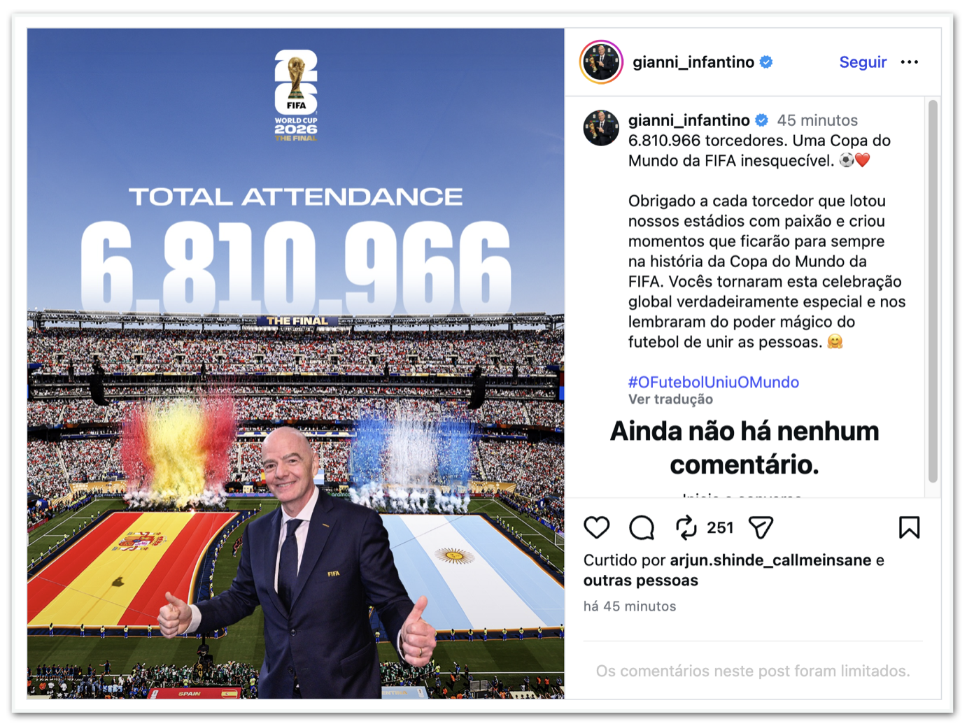 Infantino celebra recorde de público na Copa do Mundo