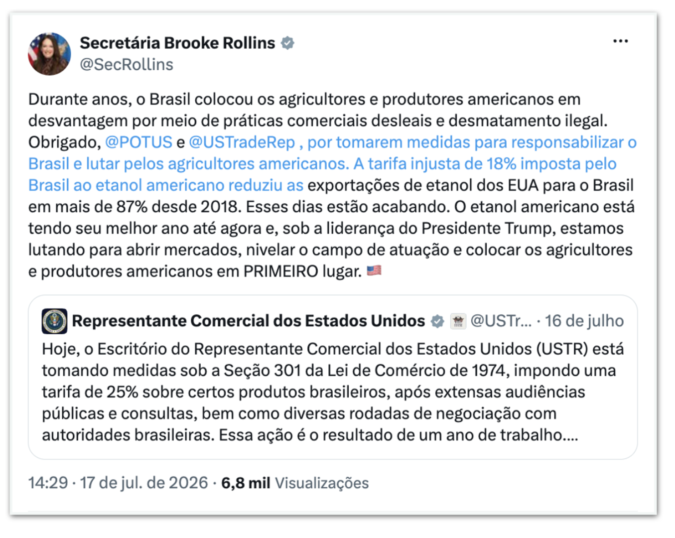 Secretária dos EUA diz que Brasil fez comércio desleal e defende taxa