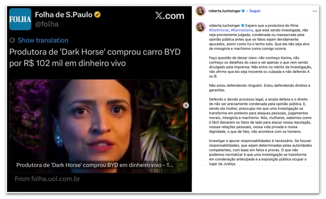Roberta Luchsinger pede que produtora de “Dark Horse?