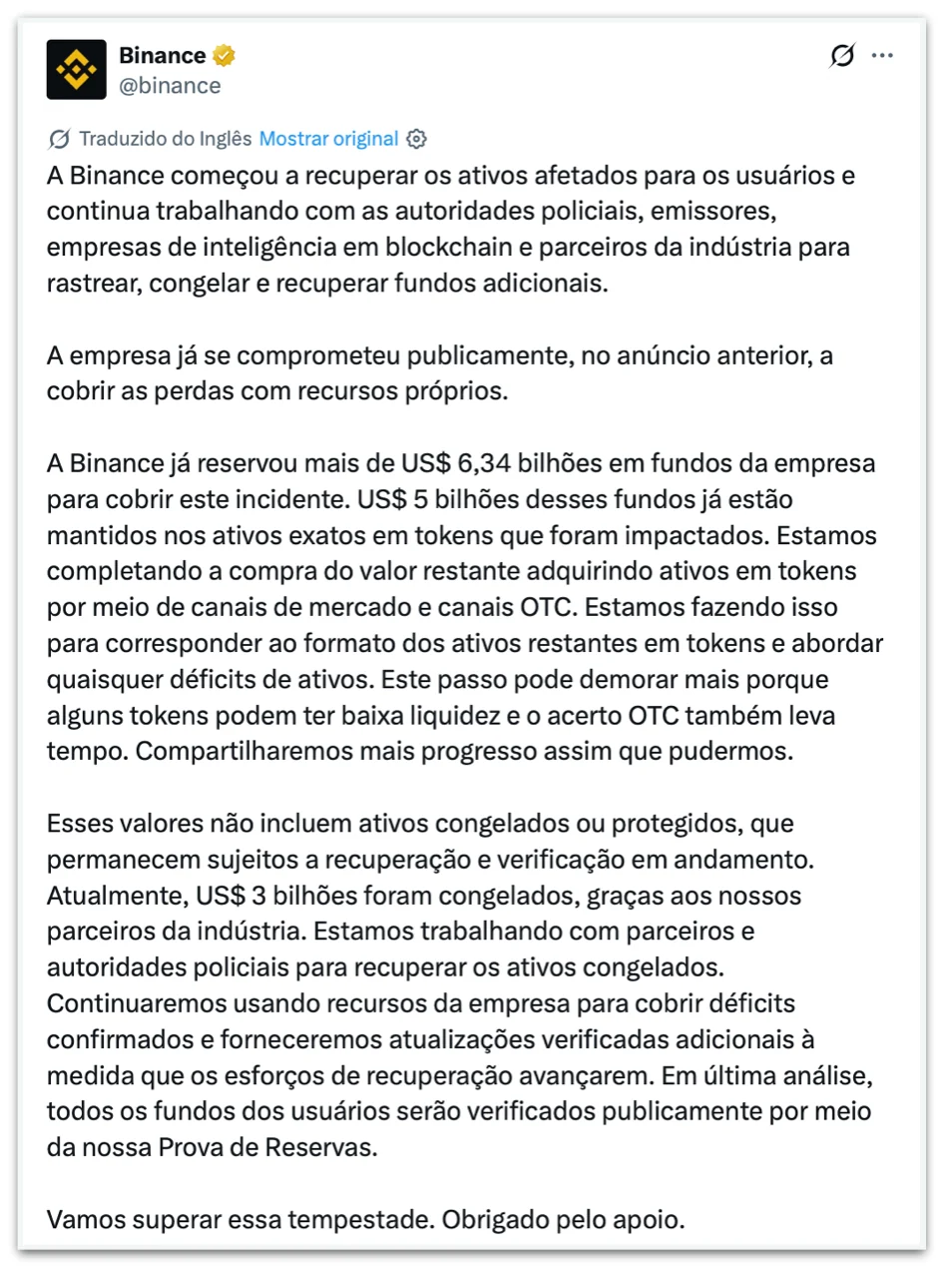 Binance diz que “começou a recuperar?