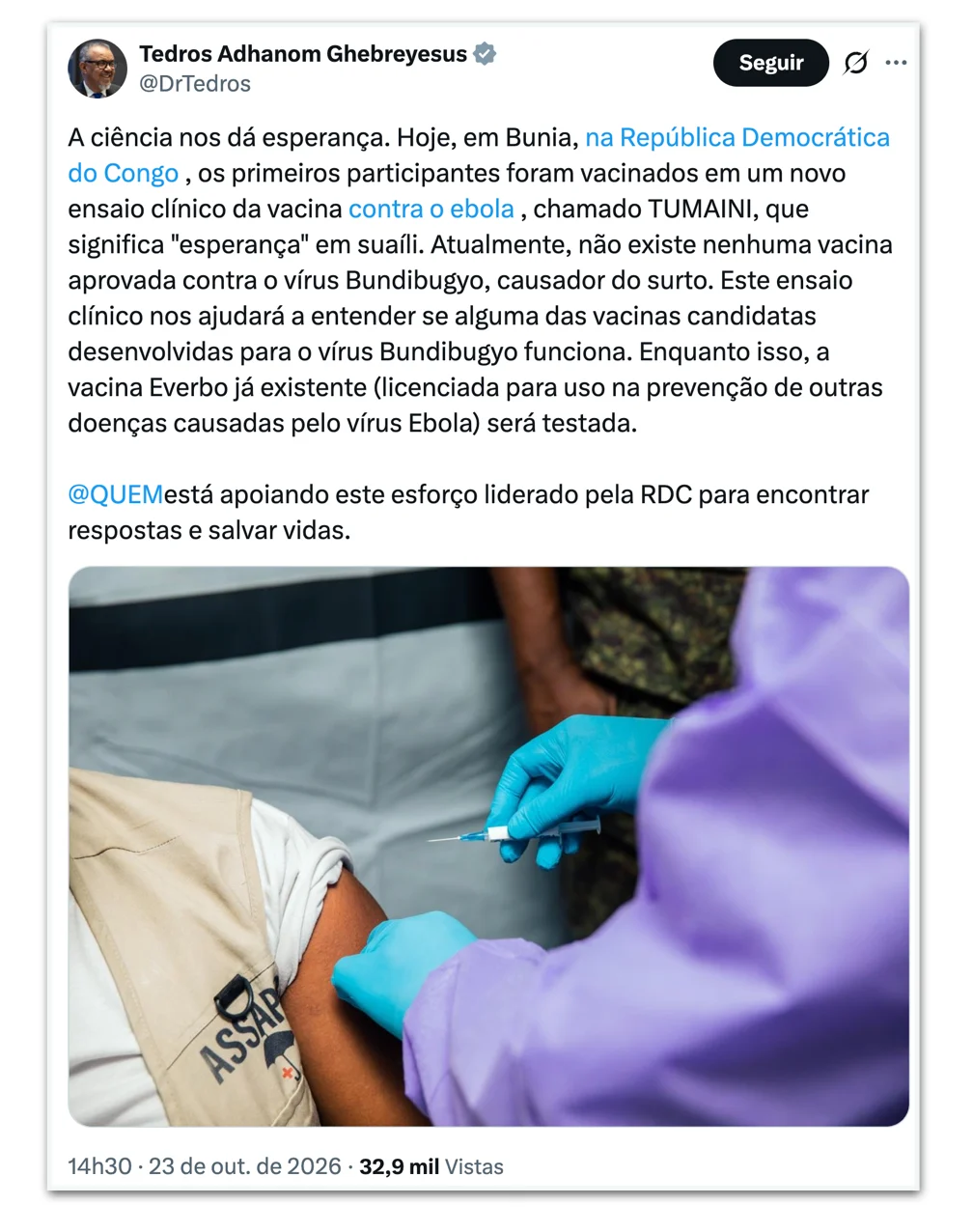 OMS inicia estudo de vacina contra cepa de ebola na RDC