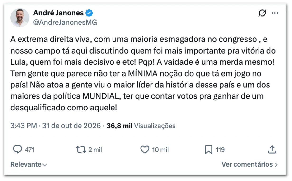 Janones critica disputa por vitória de Lula: “A vaidade é uma merda”