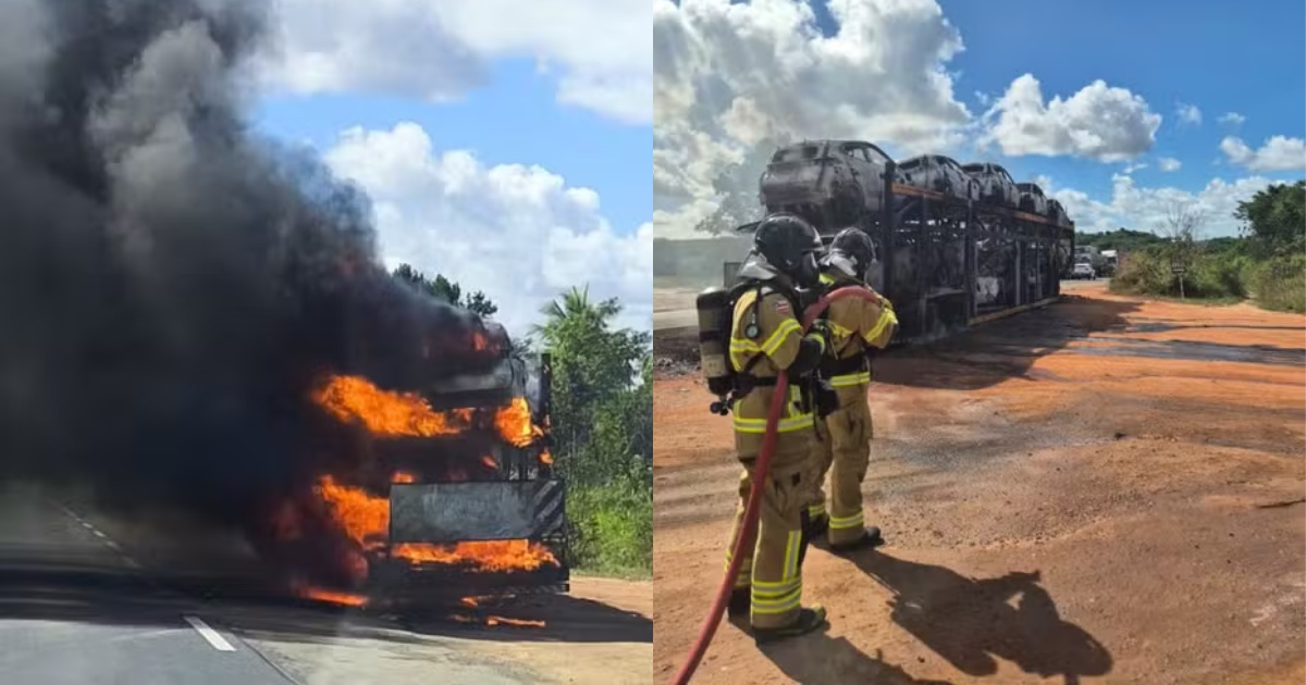 Caminhão-cegonha com carros elétricos pega fogo em Alagoinhas e interdita rodovia